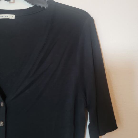 Marine Layer Lexi Button Front Ribbed Black Short Sleeve V-Neck Top Shirt Medium - Picture 7 of 11
